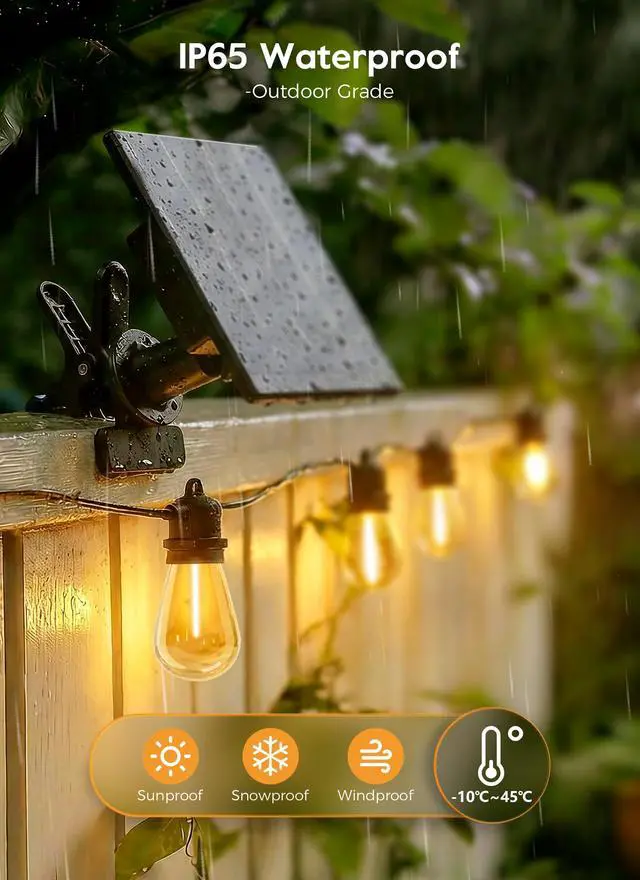 Alt view image 3 of 7 - 100FT Solar String Lights Outdoor Waterproof, S14 Patio Lights | 31+2LED Shatterproof Bulb, Remote Type-C Port Timable, 3 Light Modes Dimmable Solar String Lights for Outside, Yard, Camping