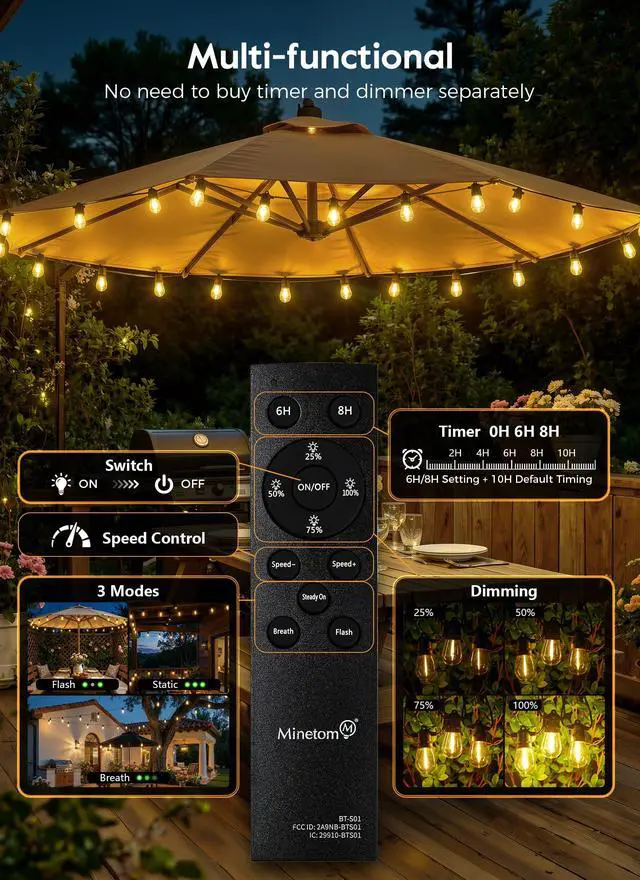 Alt view image 4 of 7 - 100FT Solar String Lights Outdoor Waterproof, S14 Patio Lights | 31+2LED Shatterproof Bulb, Remote Type-C Port Timable, 3 Light Modes Dimmable Solar String Lights for Outside, Yard, Camping