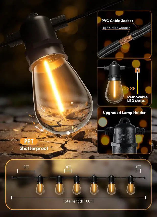Alt view image 5 of 7 - 100FT Solar String Lights Outdoor Waterproof, S14 Patio Lights | 31+2LED Shatterproof Bulb, Remote Type-C Port Timable, 3 Light Modes Dimmable Solar String Lights for Outside, Yard, Camping