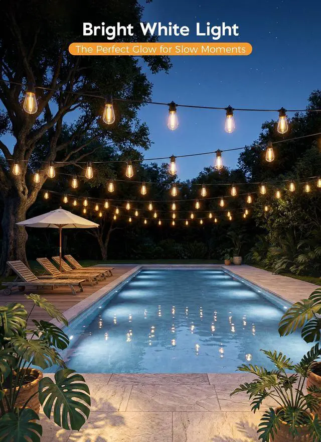 Alt view image 7 of 7 - 100FT Solar String Lights Outdoor Waterproof, S14 Patio Lights | 31+2LED Shatterproof Bulb, Remote Type-C Port Timable, 3 Light Modes Dimmable Solar String Lights for Outside, Yard, Camping