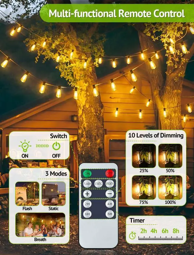 Alt view image 2 of 7 - 48FT Solar String Lights Outdoor with Remote, Waterproof Dimmable Patio Lights with 15+1 LED ST38 Bulbs 3 Modes Hanging Lighting for Backyard