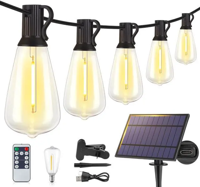 Main image of 48FT Solar String Lights Outdoor with Remote, Waterproof Dimmable Patio Lights with 15+1 LED ST38 Bulbs 3 Modes Hanging Lighting for Backyard