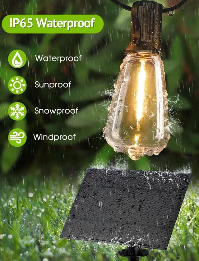Alt view image 3 of 7 - 48FT Solar String Lights Outdoor with Remote, Waterproof Dimmable Patio Lights with 15+1 LED ST38 Bulbs 3 Modes Hanging Lighting for Backyard