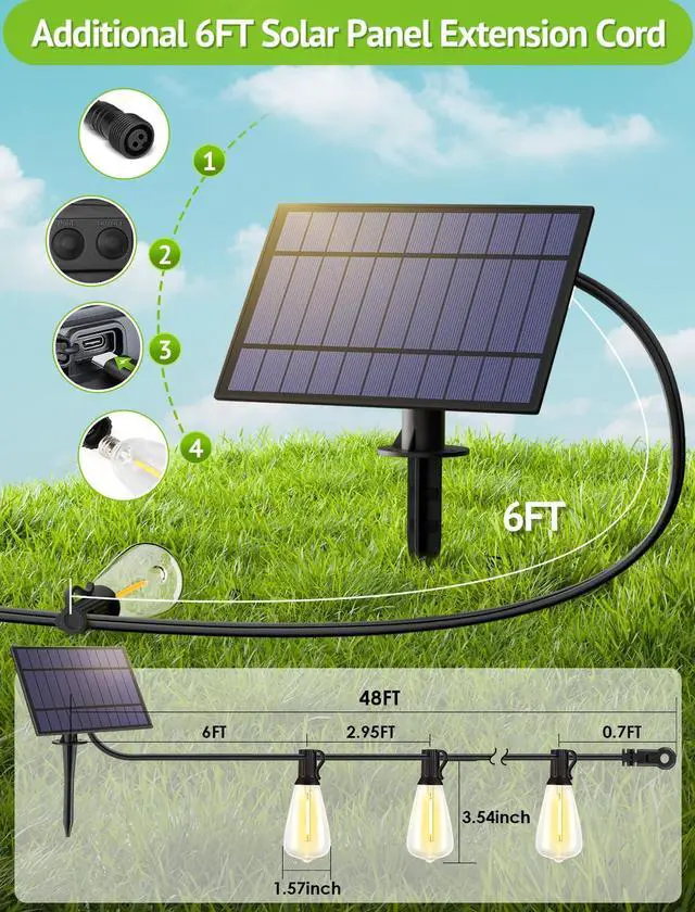 Alt view image 4 of 7 - 48FT Solar String Lights Outdoor with Remote, Waterproof Dimmable Patio Lights with 15+1 LED ST38 Bulbs 3 Modes Hanging Lighting for Backyard
