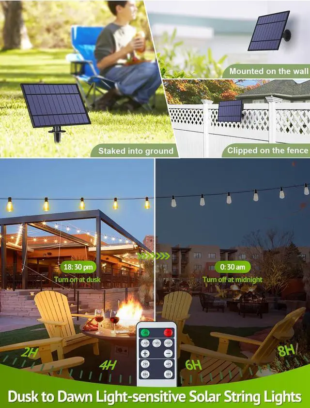 Alt view image 6 of 7 - 48FT Solar String Lights Outdoor with Remote, Waterproof Dimmable Patio Lights with 15+1 LED ST38 Bulbs 3 Modes Hanging Lighting for Backyard
