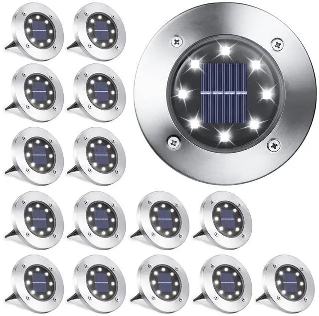 Main image of Solar Ground Lights Outdoor, 16 Pack 8 LED Solar Disk Lights Waterproof Garden In-ground Pathway Light Landscape Lighting for Lawn,Yard,Deck,Patio,Walkway (White)