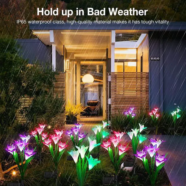 Alt view image 3 of 7 - Outdoor Solar Lights, 4 Pack Solar Garden Light with Bigger Lily Flowers, Waterproof 7 Color Changing Solar Lights Outdoor - Bigger Panel for Patio Yard Garden Decoration, Gift for Mom