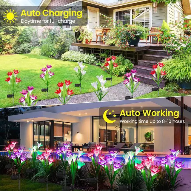 Alt view image 5 of 7 - Outdoor Solar Lights, 4 Pack Solar Garden Light with Bigger Lily Flowers, Waterproof 7 Color Changing Solar Lights Outdoor - Bigger Panel for Patio Yard Garden Decoration, Gift for Mom