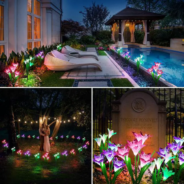 Alt view image 6 of 7 - Outdoor Solar Lights, 4 Pack Solar Garden Light with Bigger Lily Flowers, Waterproof 7 Color Changing Solar Lights Outdoor - Bigger Panel for Patio Yard Garden Decoration, Gift for Mom
