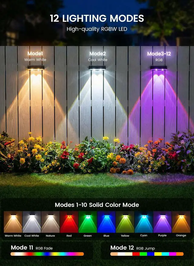 Alt view image 2 of 7 - 8 Pack Solar Fence Lights Outdoor, 3000/4000/6000K/RGB 12 Modes | Fence Lights Solar Powered, 11 Colors, IP65 Waterproof, for Outside Backyard, Deck, Step, Wall, Yard, Patio, Pool, Railing