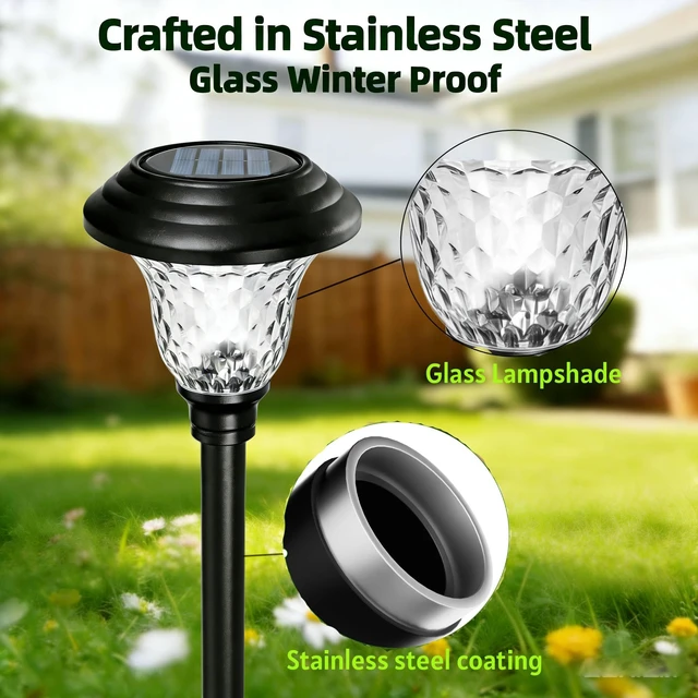 Alt view image 2 of 7 - 8 Pack Solar Pathway Lights White+Color Changing Stainless Steel 3 Mode Outdoor Multicolor Metal Solar Powered Waterproof Glass for Garden Landscape Path Yard Walkway Driveway Black