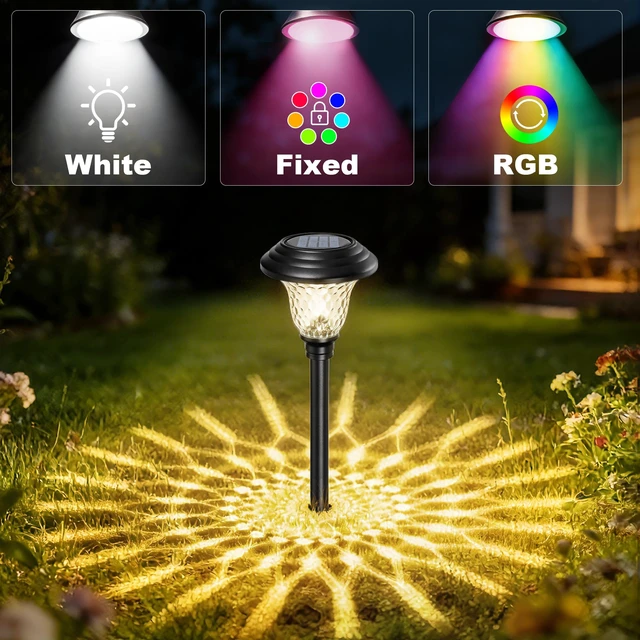 Alt view image 5 of 7 - 8 Pack Solar Pathway Lights White+Color Changing Stainless Steel 3 Mode Outdoor Multicolor Metal Solar Powered Waterproof Glass for Garden Landscape Path Yard Walkway Driveway Black