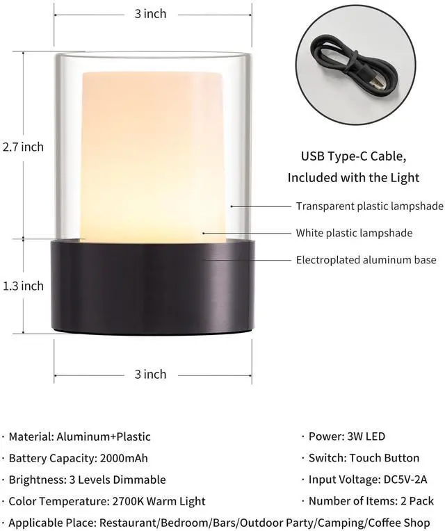 Alt view image 5 of 7 - 4" Black Cordless Table Lamp Set of 2, Outdoor Rechargeable Lamp | LED, Battery Operated, Portable, Touch Night Light for Dining Room, Camping, Bar, Party, Bedside, Bedroom, Home Decor, Gift