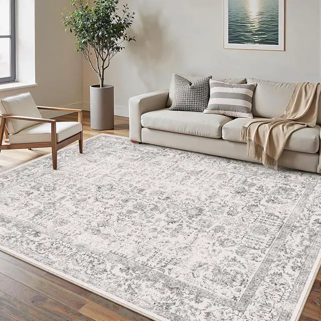 Main image of Gray Area Rug 5x8 Machine Washable Vintage Living Room Distressed Non Slip Carpet Traditional Indoor Bedroom Grey Retro Floral Accent Throw Large Rug for Office Kitchen Bathroom Dining Room