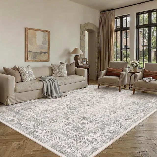 Alt view image 2 of 7 - Gray Area Rug 5x8 Machine Washable Vintage Living Room Distressed Non Slip Carpet Traditional Indoor Bedroom Grey Retro Floral Accent Throw Large Rug for Office Kitchen Bathroom Dining Room