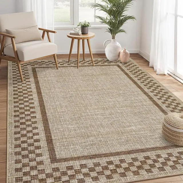Main image of 5x7 Washable Area Rug for Bedroom Living Room Non Slip Modern Bordered Throw Rugs Low Pile Soft Checkered Dining Room Area Rugs Geometric Throw Carpet for Kitchen Nursery Office, Taupe