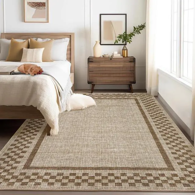 Alt view image 2 of 7 - 5x7 Washable Area Rug for Bedroom Living Room Non Slip Modern Bordered Throw Rugs Low Pile Soft Checkered Dining Room Area Rugs Geometric Throw Carpet for Kitchen Nursery Office, Taupe