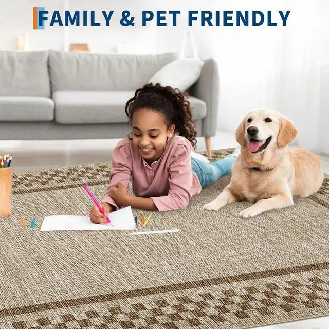 Alt view image 3 of 7 - 5x7 Washable Area Rug for Bedroom Living Room Non Slip Modern Bordered Throw Rugs Low Pile Soft Checkered Dining Room Area Rugs Geometric Throw Carpet for Kitchen Nursery Office, Taupe