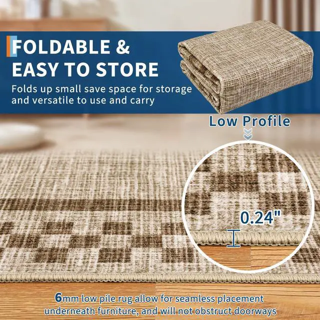 Alt view image 4 of 7 - 5x7 Washable Area Rug for Bedroom Living Room Non Slip Modern Bordered Throw Rugs Low Pile Soft Checkered Dining Room Area Rugs Geometric Throw Carpet for Kitchen Nursery Office, Taupe