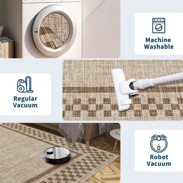 Alt view image 5 of 7 - 5x7 Washable Area Rug for Bedroom Living Room Non Slip Modern Bordered Throw Rugs Low Pile Soft Checkered Dining Room Area Rugs Geometric Throw Carpet for Kitchen Nursery Office, Taupe