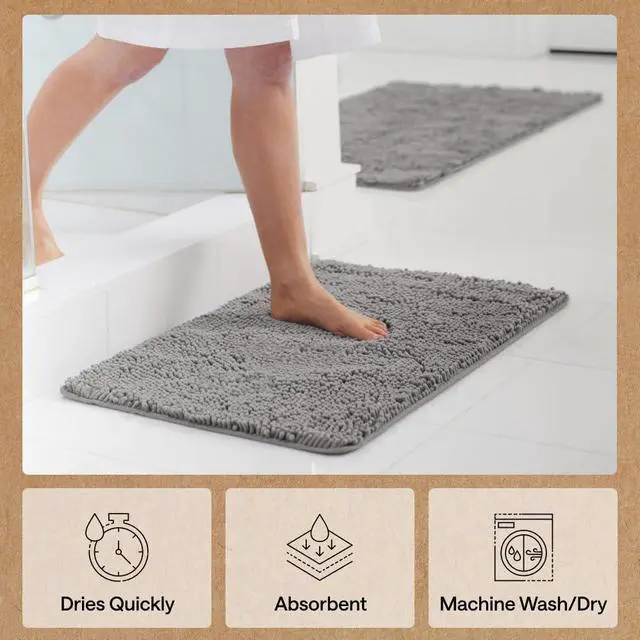 Alt view image 6 of 7 - Bath Rug Mat, Thick Soft Absorbent Chenille, Quick Dry Microfiber Mats, Rubber Backing, Machine Washable Shower Floor Rugs, Bathroom Bathmat Home Decor Accessories, 24x17 Grey