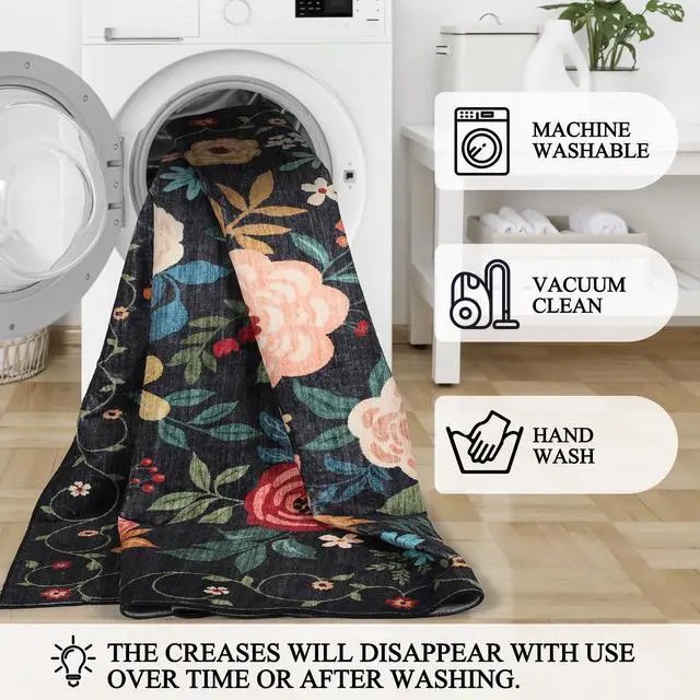 Alt view image 7 of 7 - DUKINO 2x3 Rugs for Entryway, Floral Indoor Washable Door Mat, Non Slip Boho Small Rug for Kitchen, Soft Low Pile, Front Door Throw Rug for Entrance, Bedroom, Kitchen, Laundry, Bathroom, Black