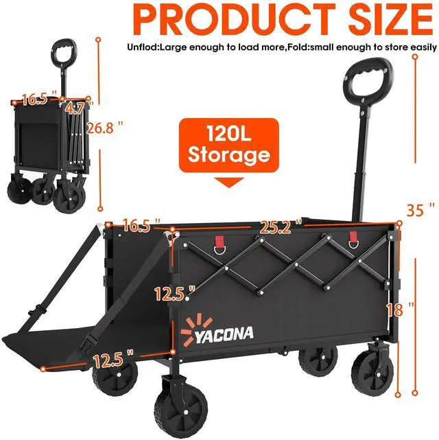 Alt view image 2 of 7 - 360LBS Heavy-Duty Wagons Carts Foldable 120L Collapsible Wagon Cart with Wheels and Tailgate, Folding Utility Wagon Carts for Groceries, Outdoor Camping, Shopping, Beach, Garden