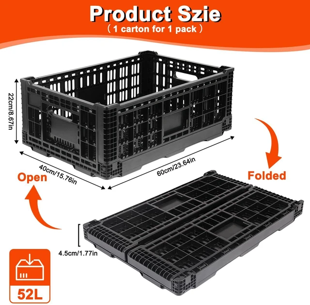 Alt view image 2 of 6 - 52L Milk Crate, Plastic Storage Crate with Handles, Hold 130 lbs Per Bin, Large Collapsible Storage Bins for Home Organizing, Tools, Books, Camping & Transport