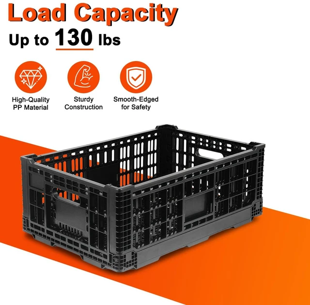 Alt view image 4 of 6 - 52L Milk Crate, Plastic Storage Crate with Handles, Hold 130 lbs Per Bin, Large Collapsible Storage Bins for Home Organizing, Tools, Books, Camping & Transport