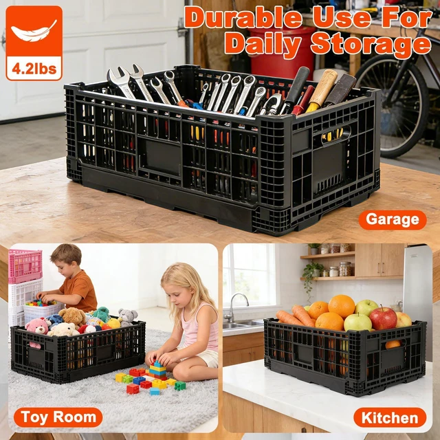 Alt view image 5 of 6 - 52L Milk Crate, Plastic Storage Crate with Handles, Hold 130 lbs Per Bin, Large Collapsible Storage Bins for Home Organizing, Tools, Books, Camping & Transport