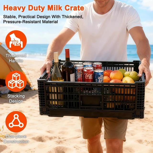 Alt view image 6 of 6 - 52L Milk Crate, Plastic Storage Crate with Handles, Hold 130 lbs Per Bin, Large Collapsible Storage Bins for Home Organizing, Tools, Books, Camping & Transport
