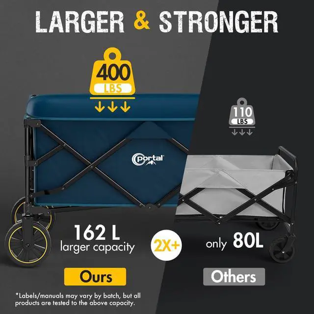 Alt view image 3 of 7 - Collapsible Folding Wagon Cart, 400lbs Heavy Duty Foldable Wagons with Wheels & Brake, Utility Grocery carts for Outdoors Camping, Shopping, Sports, Garden, Beach, Blue