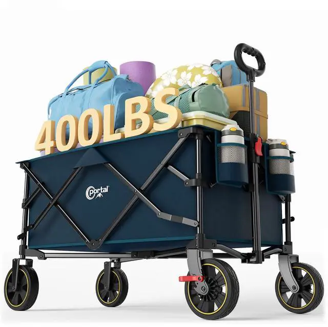 Main image of Collapsible Folding Wagon Cart, 400lbs Heavy Duty Foldable Wagons with Wheels & Brake, Utility Grocery carts for Outdoors Camping, Shopping, Sports, Garden, Beach, Blue