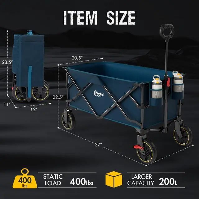 Alt view image 7 of 7 - Collapsible Folding Wagon Cart, 400lbs Heavy Duty Foldable Wagons with Wheels & Brake, Utility Grocery carts for Outdoors Camping, Shopping, Sports, Garden, Beach, Blue
