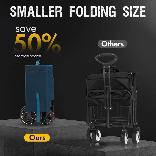 Alt view image 6 of 7 - Collapsible Folding Wagon Cart, 400lbs Heavy Duty Foldable Wagons with Wheels & Brake, Utility Grocery carts for Outdoors Camping, Shopping, Sports, Garden, Beach, Blue
