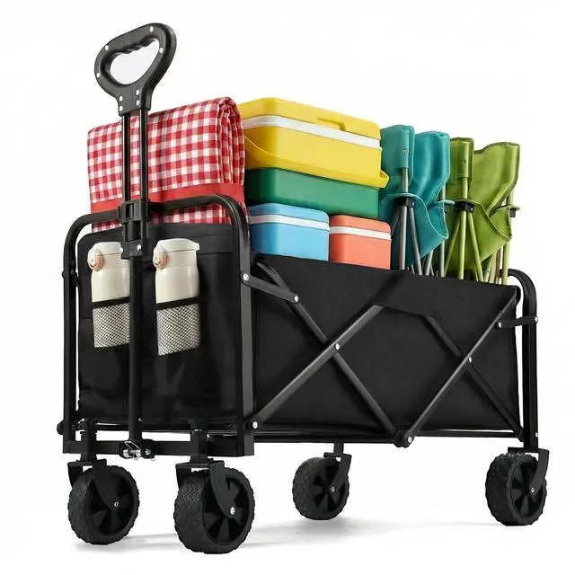 Main image of Collapsible Wagon 220 lbs, Heavy Duty Wagon Carts Foldable, Portable Wagons for Groceries, Beach Cart with All-Terrain Wheels & Drink Holders, Utility Wagon for Shopping, Sports, Camping,Black