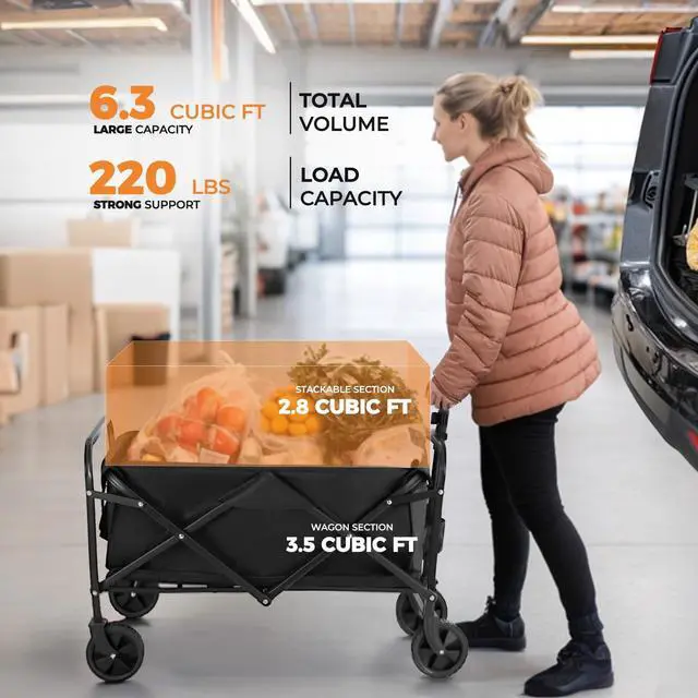 Alt view image 2 of 7 - Collapsible Wagon 220 lbs, Heavy Duty Wagon Carts Foldable, Portable Wagons for Groceries, Beach Cart with All-Terrain Wheels & Drink Holders, Utility Wagon for Shopping, Sports, Camping,Black