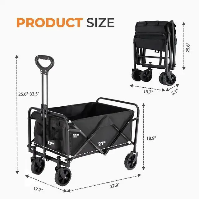 Alt view image 7 of 7 - Collapsible Wagon 220 lbs, Heavy Duty Wagon Carts Foldable, Portable Wagons for Groceries, Beach Cart with All-Terrain Wheels & Drink Holders, Utility Wagon for Shopping, Sports, Camping,Black