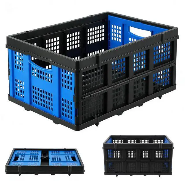 Main image of Heavy Duty Milk Crate Collapsible - 55L Foldable Storage Crate with Handles, Stackable Plastic Crates for Groceries, Moving, Camping & Car Storage (Blue)