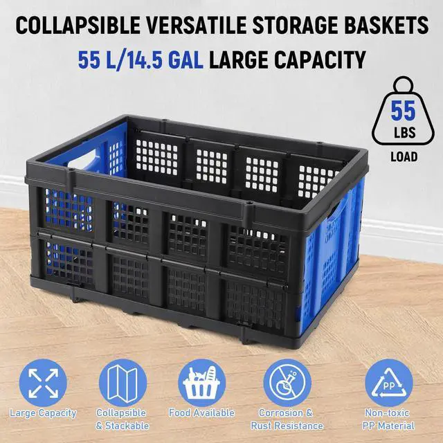 Alt view image 2 of 7 - Heavy Duty Milk Crate Collapsible - 55L Foldable Storage Crate with Handles, Stackable Plastic Crates for Groceries, Moving, Camping & Car Storage (Blue)