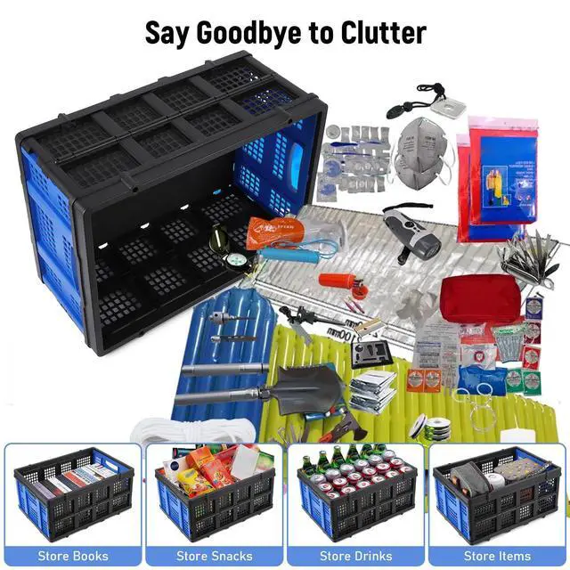 Alt view image 3 of 7 - Heavy Duty Milk Crate Collapsible - 55L Foldable Storage Crate with Handles, Stackable Plastic Crates for Groceries, Moving, Camping & Car Storage (Blue)