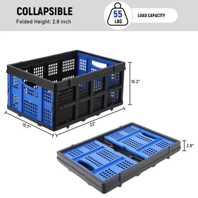 Alt view image 4 of 7 - Heavy Duty Milk Crate Collapsible - 55L Foldable Storage Crate with Handles, Stackable Plastic Crates for Groceries, Moving, Camping & Car Storage (Blue)