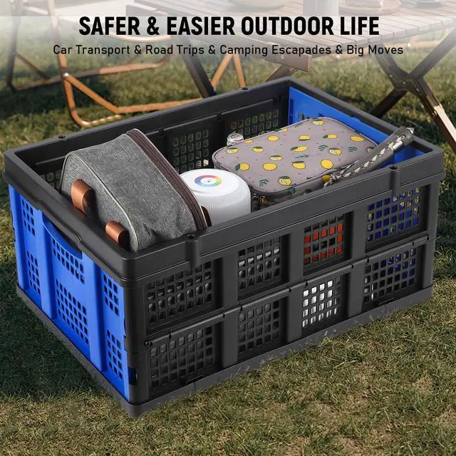 Alt view image 5 of 7 - Heavy Duty Milk Crate Collapsible - 55L Foldable Storage Crate with Handles, Stackable Plastic Crates for Groceries, Moving, Camping & Car Storage (Blue)