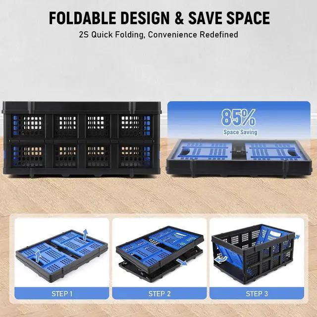 Alt view image 7 of 7 - Heavy Duty Milk Crate Collapsible - 55L Foldable Storage Crate with Handles, Stackable Plastic Crates for Groceries, Moving, Camping & Car Storage (Blue)