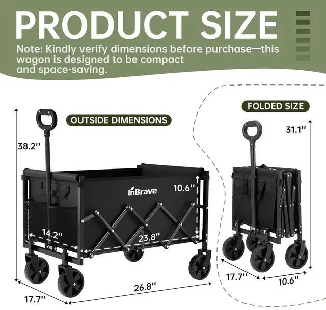 Alt view image 2 of 7 - Collapsible Wagon Cart Foldable Beach Wagon with All-Terrain Wheels - 380 LBS Heavy Duty Grocery Cart for Shopping, Beach, Camping, Sports, Garden (Black)