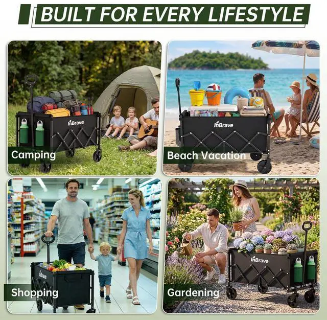 Alt view image 6 of 7 - Collapsible Wagon Cart Foldable Beach Wagon with All-Terrain Wheels - 380 LBS Heavy Duty Grocery Cart for Shopping, Beach, Camping, Sports, Garden (Black)