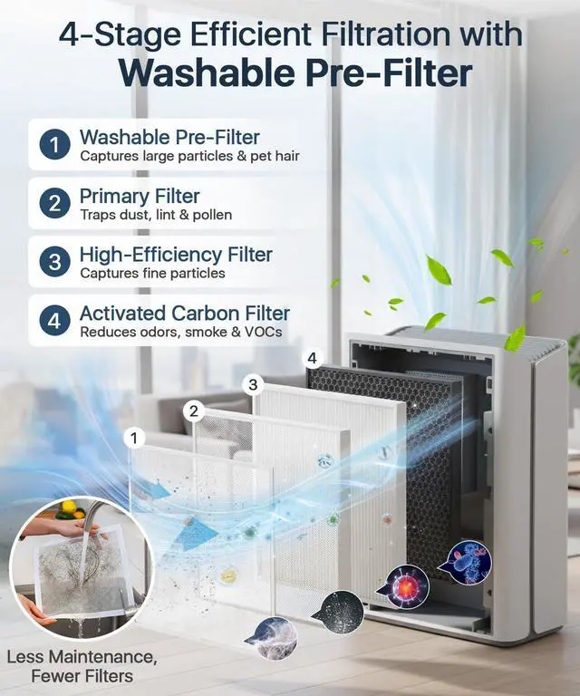 Alt view image 5 of 7 - Air Purifier for Home Large Room Bedroom Up to 2000Ft² with PM2.5 Display Air Quality Sensor&Smart Auto Mode, 3-Stage Filter Cleaner Odor Eliminator, Remove Pet Dander Pollen Allergy Dust Mold Smoke