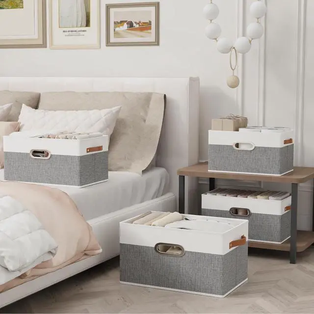 Alt view image 2 of 7 - Fabric Storage Baskets, Foldable Closet Organizer for Shelves, Large Boxes with 3 Handles, Canvas Bins for Clothes, White/Grey, 12.99''Lx9.05''Wx7.87''H, 4-Pack
