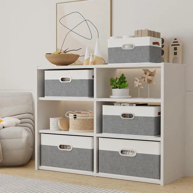 Alt view image 3 of 7 - Fabric Storage Baskets, Foldable Closet Organizer for Shelves, Large Boxes with 3 Handles, Canvas Bins for Clothes, White/Grey, 12.99''Lx9.05''Wx7.87''H, 4-Pack