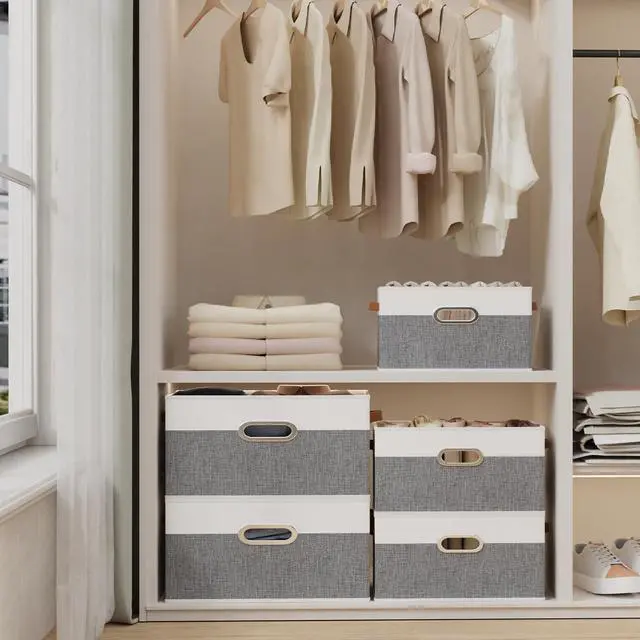 Alt view image 4 of 7 - Fabric Storage Baskets, Foldable Closet Organizer for Shelves, Large Boxes with 3 Handles, Canvas Bins for Clothes, White/Grey, 12.99''Lx9.05''Wx7.87''H, 4-Pack